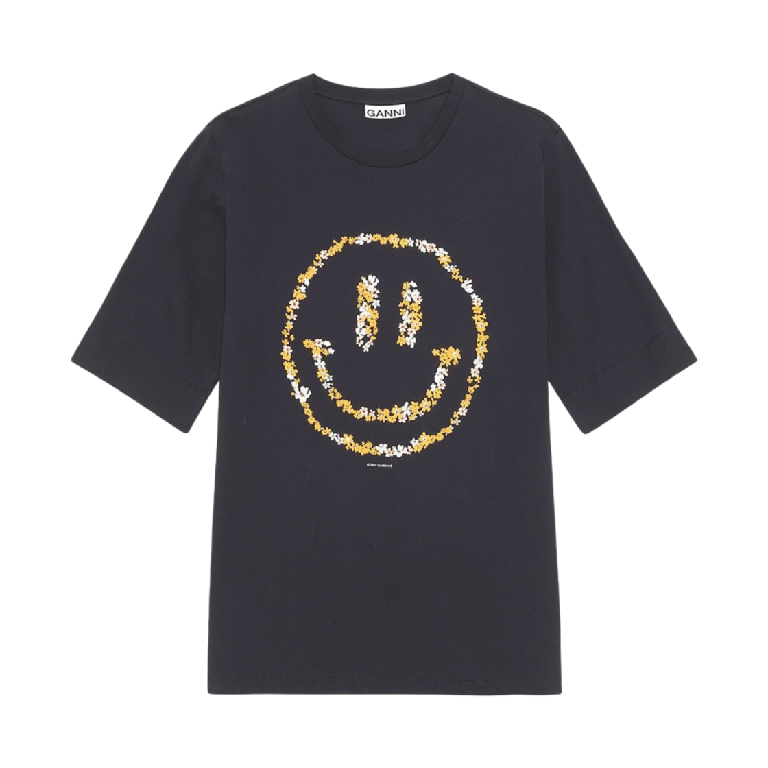 T3048-252 (W) Ganni Light Cotton Jersey Floral Smiley O-Neck Mid Sleeve T-Shirt Phantom