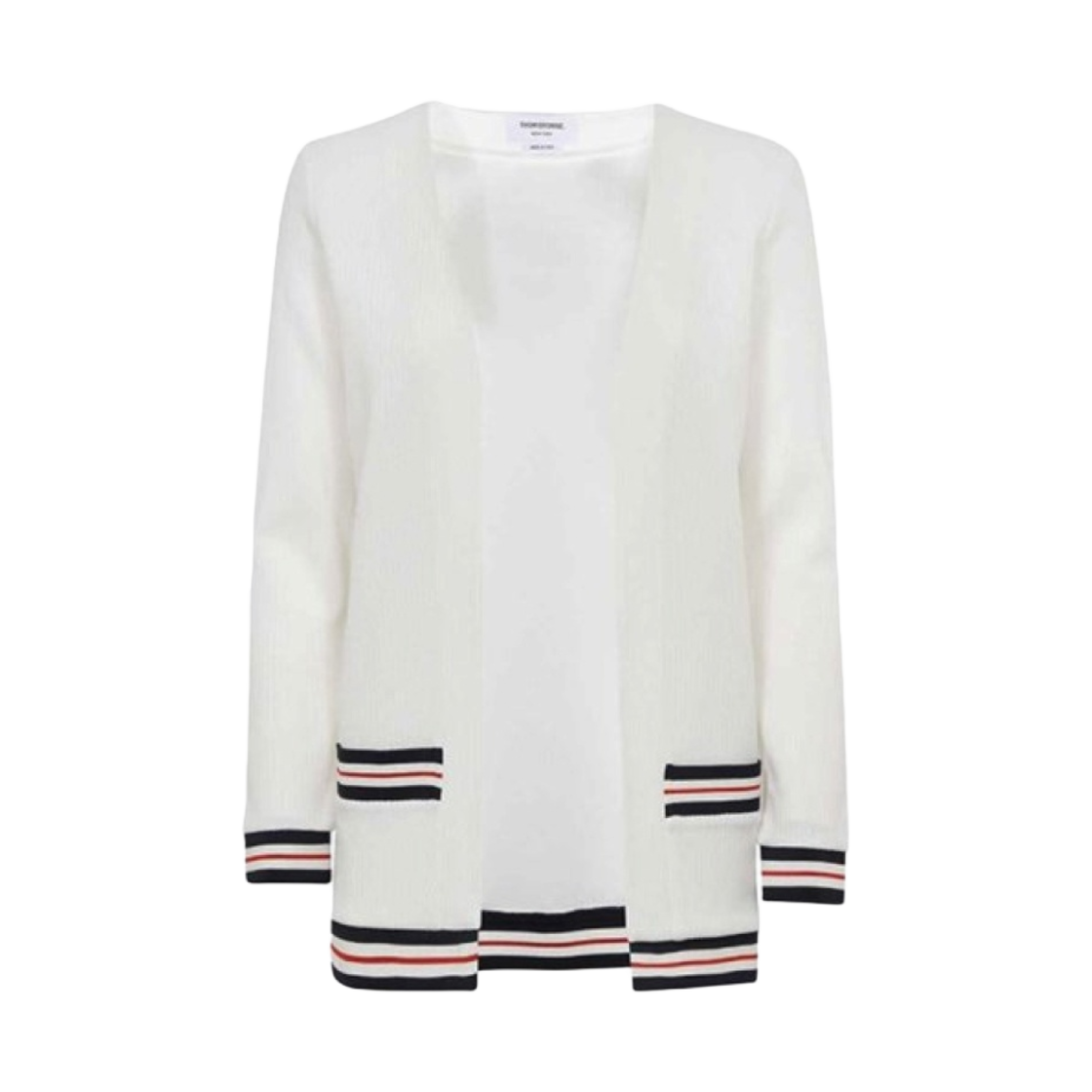 FJT265A-J0068-100 (W) Thom Browne Lightweight Textured Cotton Cricket Stripe V-Neck Cardigan White