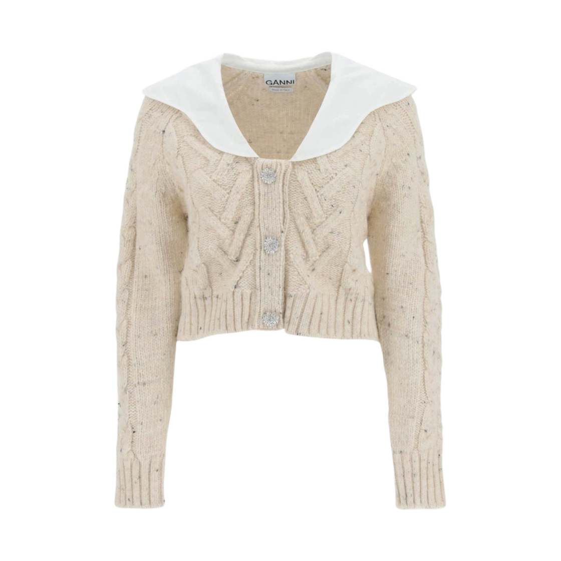 (W) 가니 포플린 칼라 케이블 니트 크롭 가디건 바닐라 아이스((W) Ganni Poplin Collar Cable Knit Cropped Cardigan Vanilla Ice) - 1