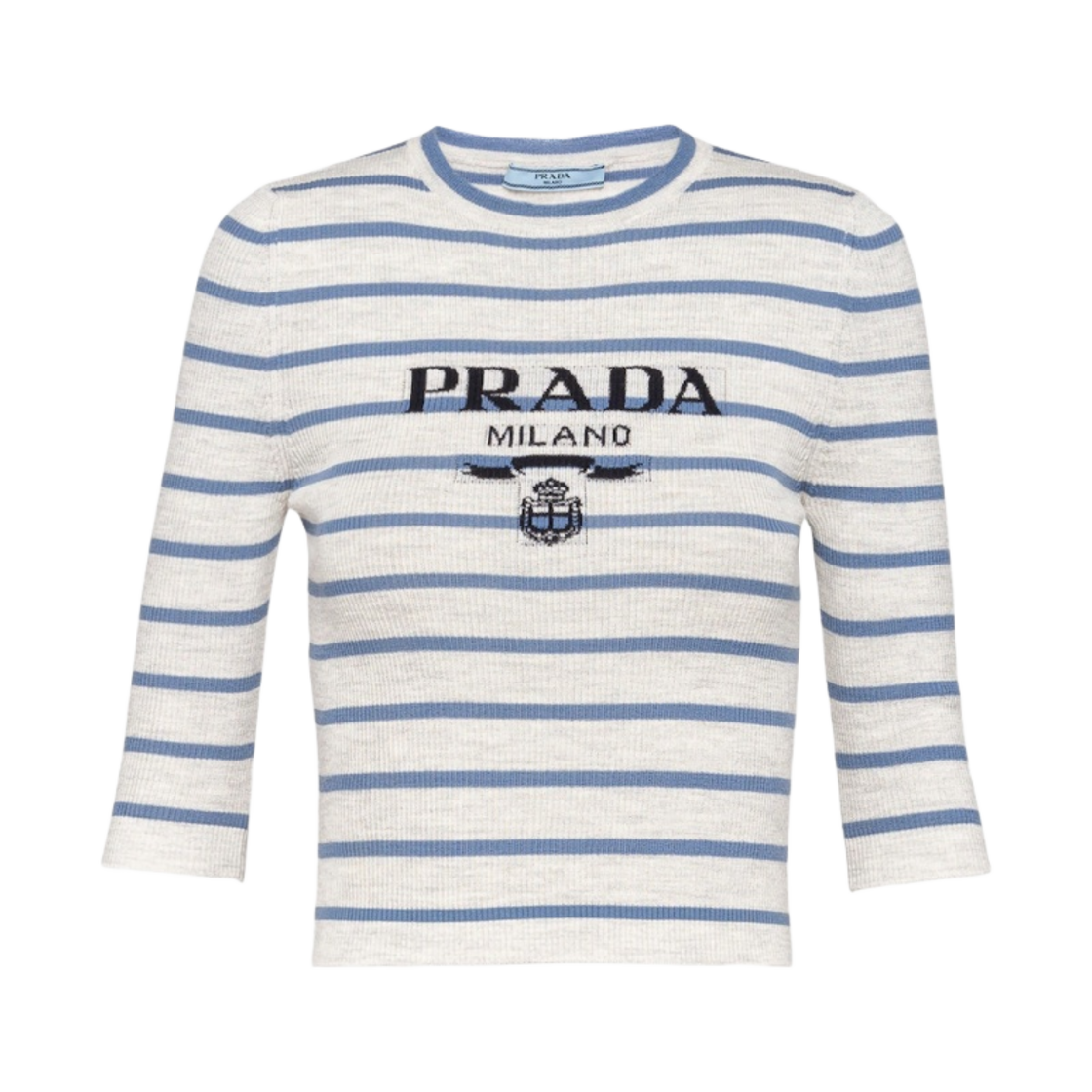 (W) 프라다 슈퍼파인 울 크루넥 스웨터 마블 그레이 페리윙클 블루