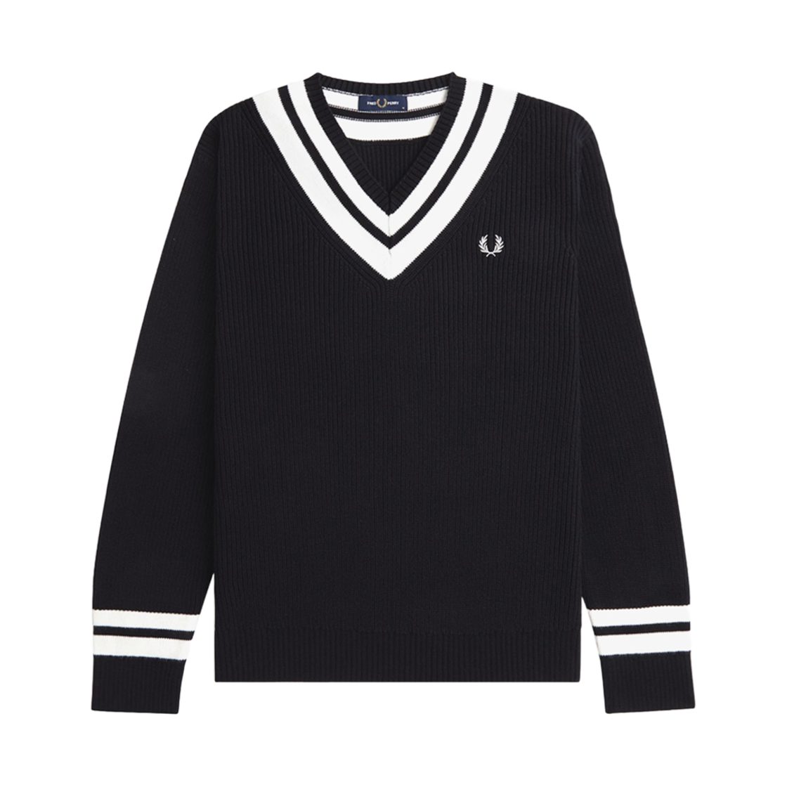 프레드페리 스트라이프 트림 브이넥 니트 블랙