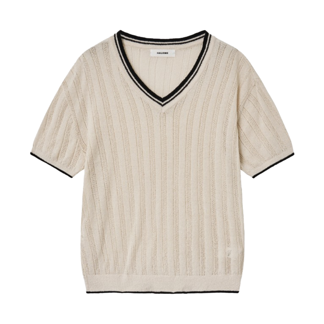 알렌느 콘트라스트 브이넥 부클 니트 크림