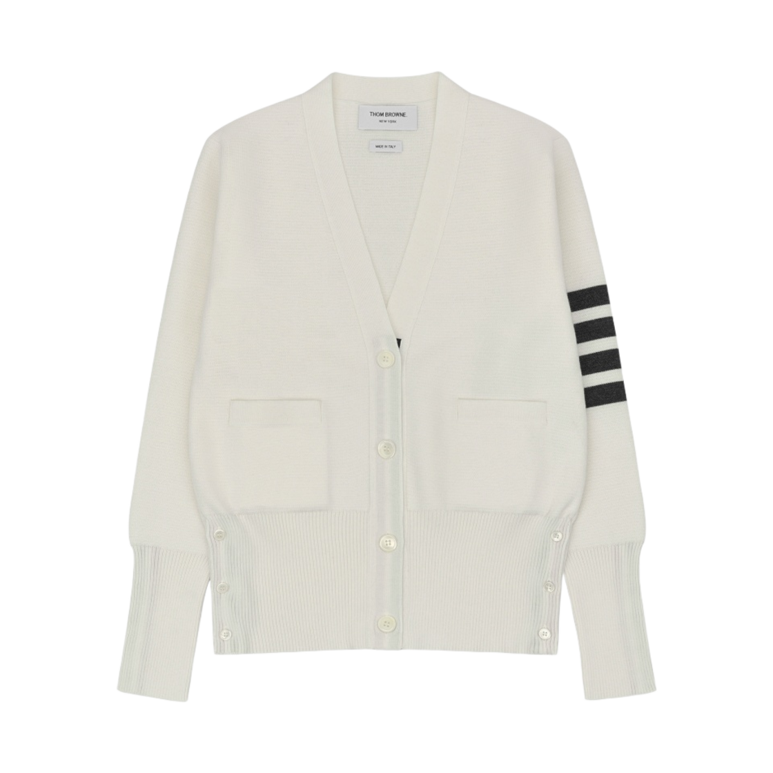 (W) 톰브라운 파인 메리노 울 밀라노 스티치 사선 클래식 브이넥 가디건 화이트((W) Thom Browne Fine Merino Wool Milano Stitch 4-Bar Classic V-Neck Cardigan White)