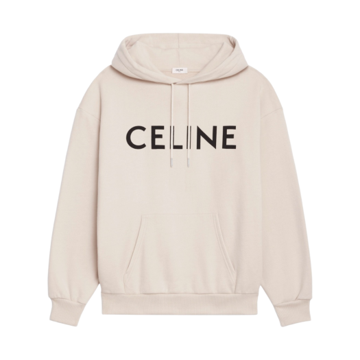 (W) Celine Loose Hooded Sweatshirt with Celine Print in Cotton Fleece Ivory Black