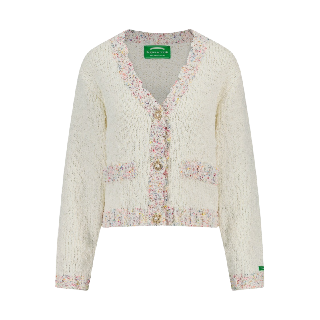 그린 버터 우먼 플라워 펄 버튼 브클 트위드 가디건 아이보리(Green Butter Women Flower Pearl Button Boucle Tweed Cardigan Ivory) - 1