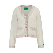 Green Butter Women Flower Pearl Button Boucle Tweed Cardigan Ivory