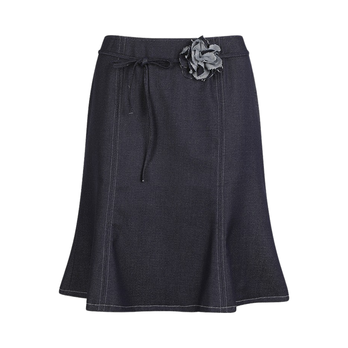 KW4BSKSMC13BL [KREAM 단독] Maison Cleo Women Dark Blue Thin Denim Flared Mid-Length Skirt with Flower Belt Blue