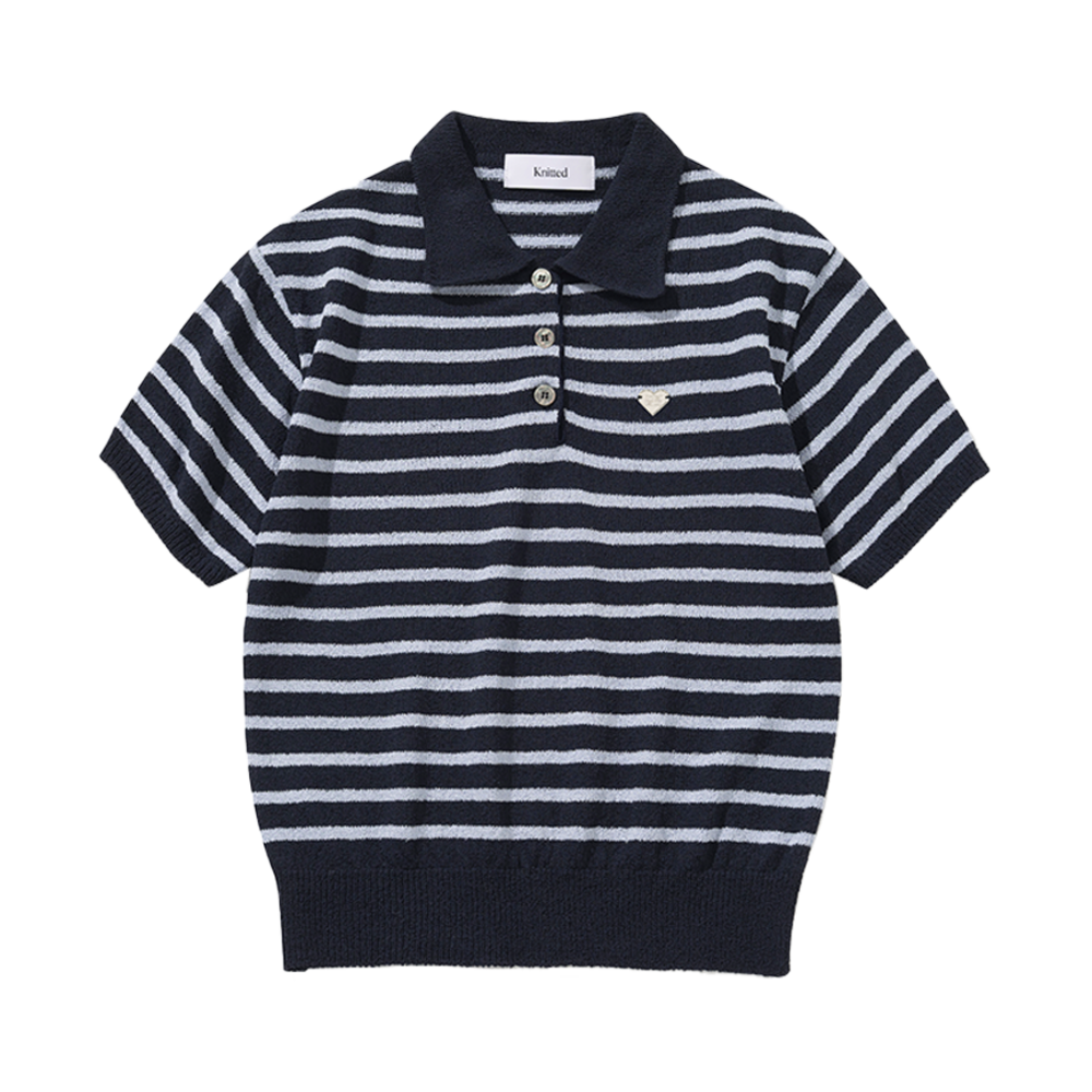 니티드 여성 부클 스트라이프 카라 니트 네이비