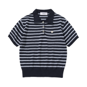 Knitted W Boucle Stripe Collar Knit Navy