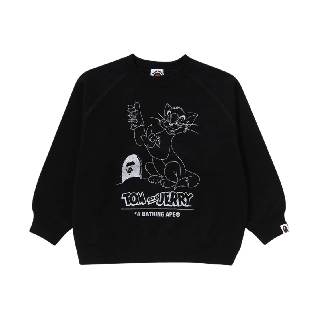(키즈) 베이프 x 톰과 제리 85주년 릴렉스드 핏 크루넥 스웨트셔츠 블랙((Kids) BAPE x Tom & Jerry 85th Anniversary Relaxed Fit Crewneck Sweatshirt Black)