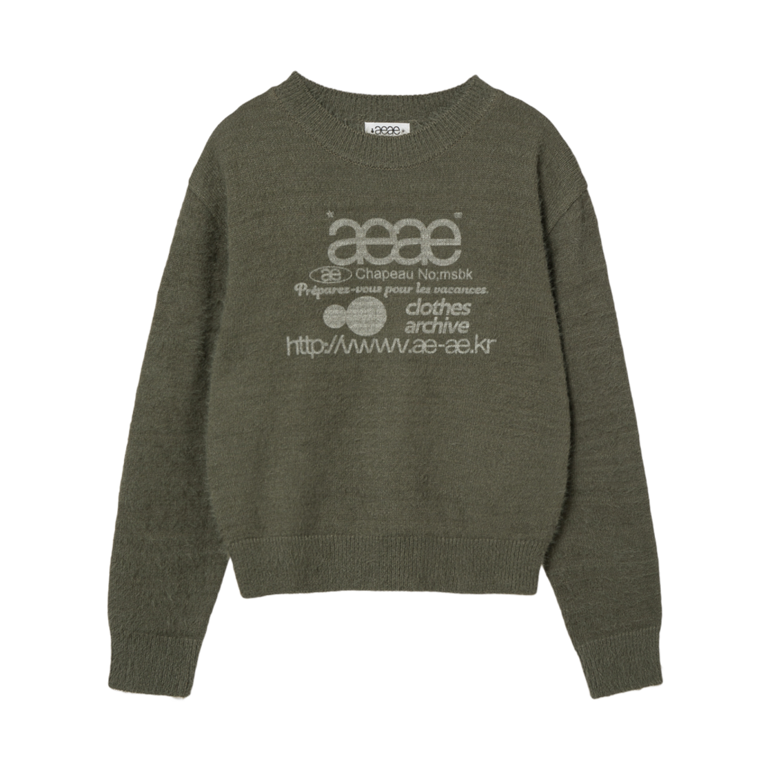 (W) 에이에이 웹 로고 크롭 헤어리 니트 카키((W) Aeae Web Logo Crop Hairy Knit Khaki) - 1