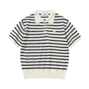 Knitted W Boucle Stripe Collar Knit Ivory