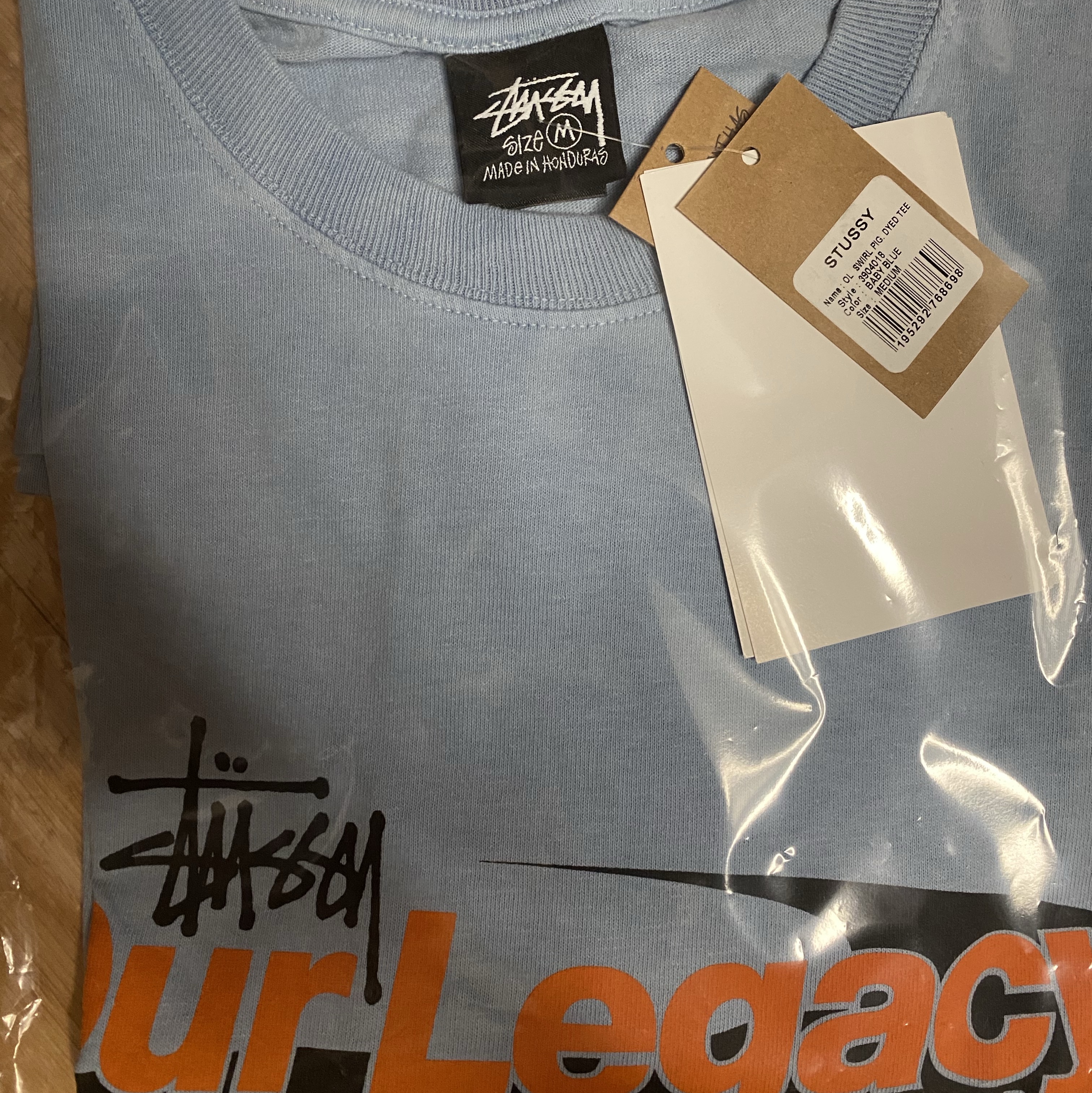 Stussy x Our Legacy Work Shop Swirl Pigment Dyed T-Shirt Baby Blue 착용 스타일