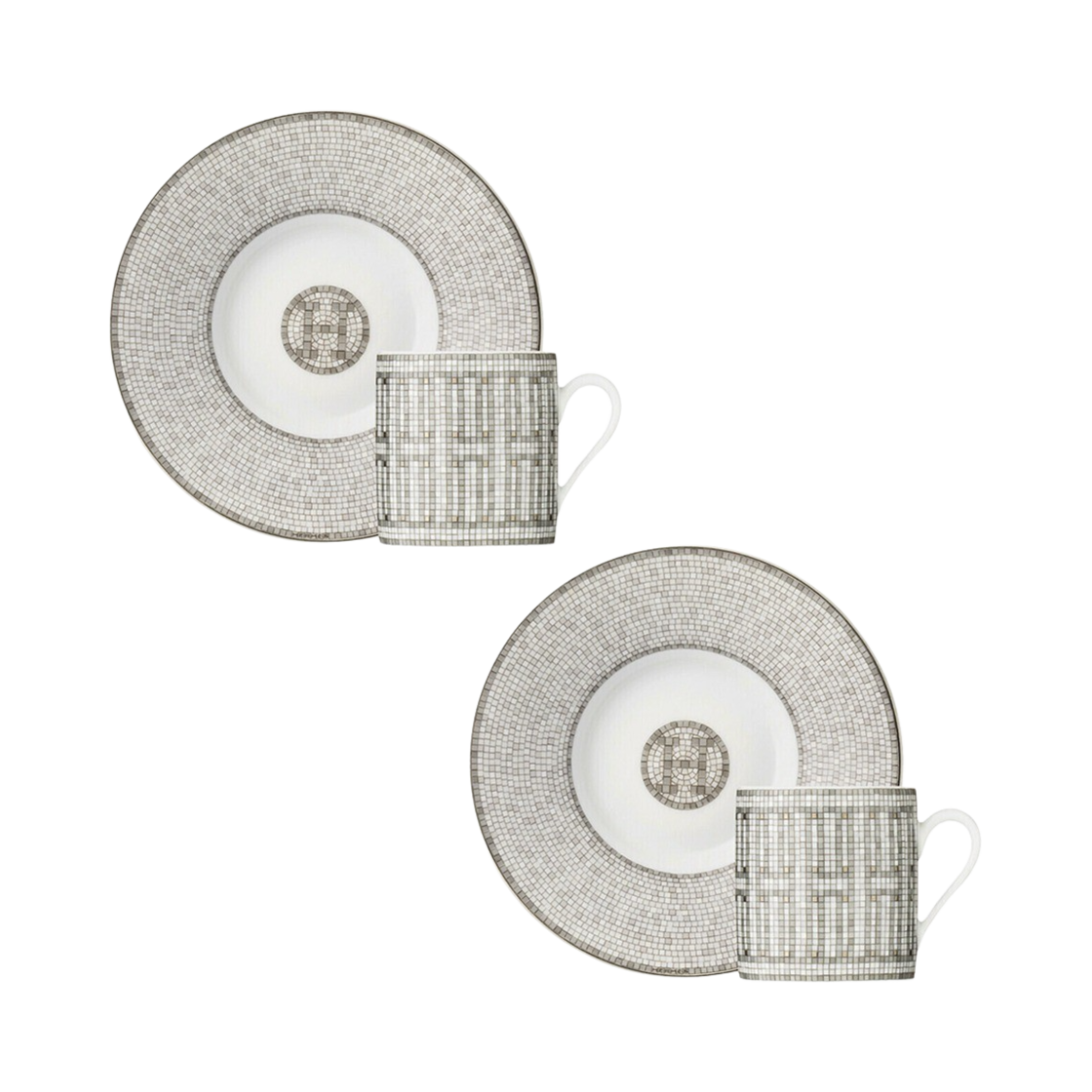VAUT000114 Hermes Mosaique au 24 Coffee Cup & Saucer Platinum (Set of 2)