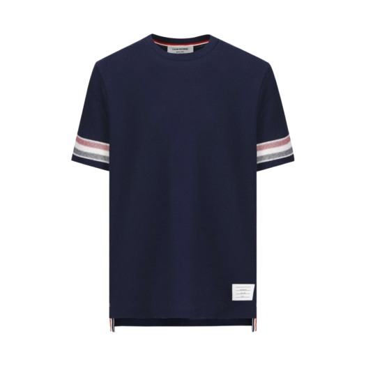 MJS204A-J0046-415 Thom Browne Textured Cotton Stripe Short Sleeve T-Shirt Navy