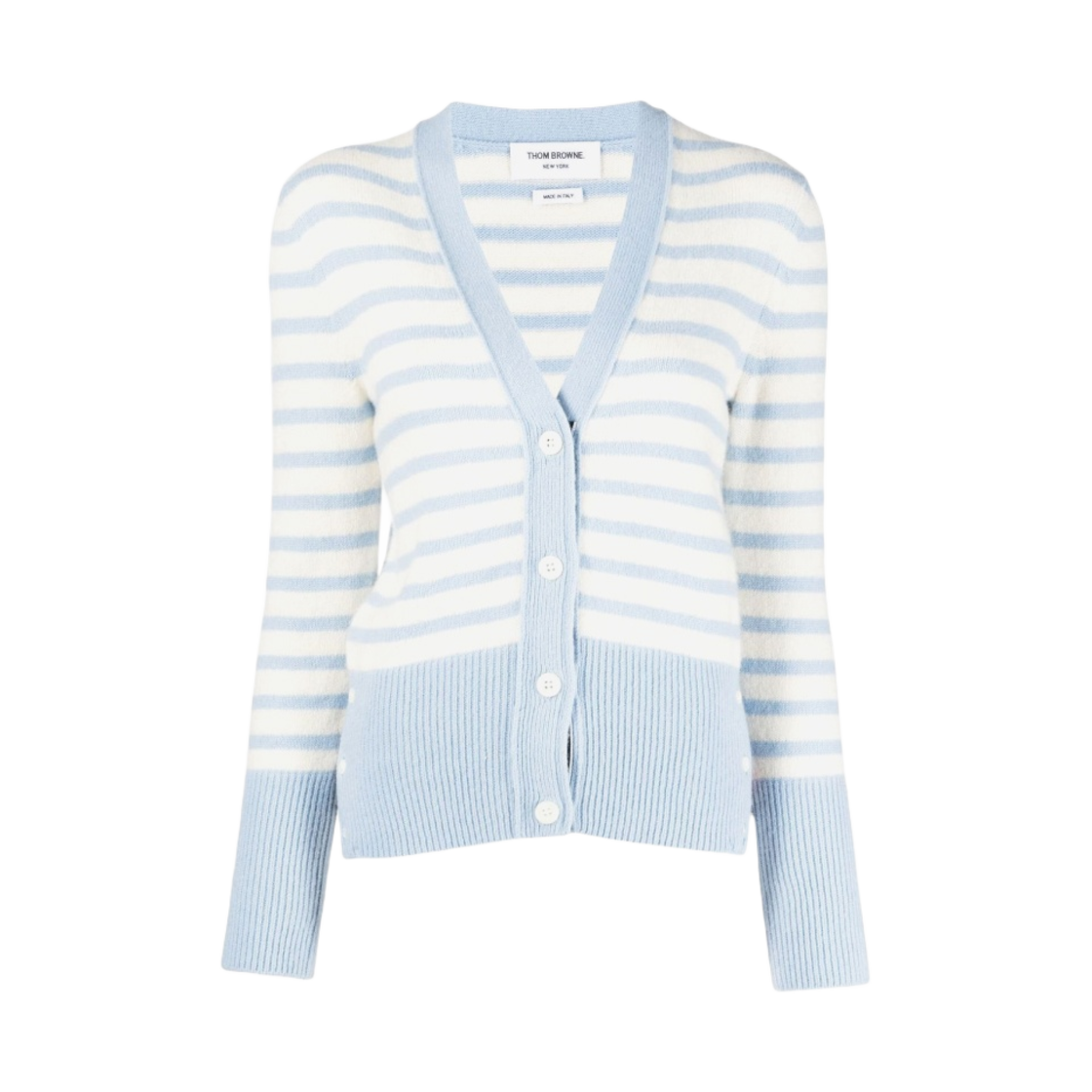 (W) 톰브라운 헤어리 실크 캐시미어 스트라이프 저지 브이넥 가디건 미디움 블루((W) Thom Browne Hairy Silk Cashmere Stripe Jersey V-Neck Cardigan Medium Blue) - 1