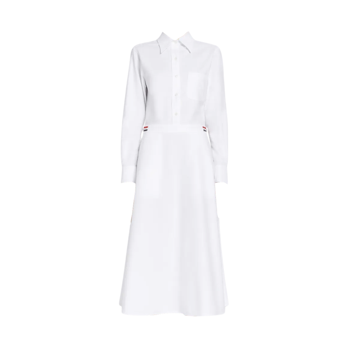 (W) 톰브라운 옥스포드 하이 웨이스트 에이라인 빌로우 더 니 셔츠 드레스 화이트((W) Thom Browne Oxford High Waisted A-Line Below The Knee Shirt Dress White)