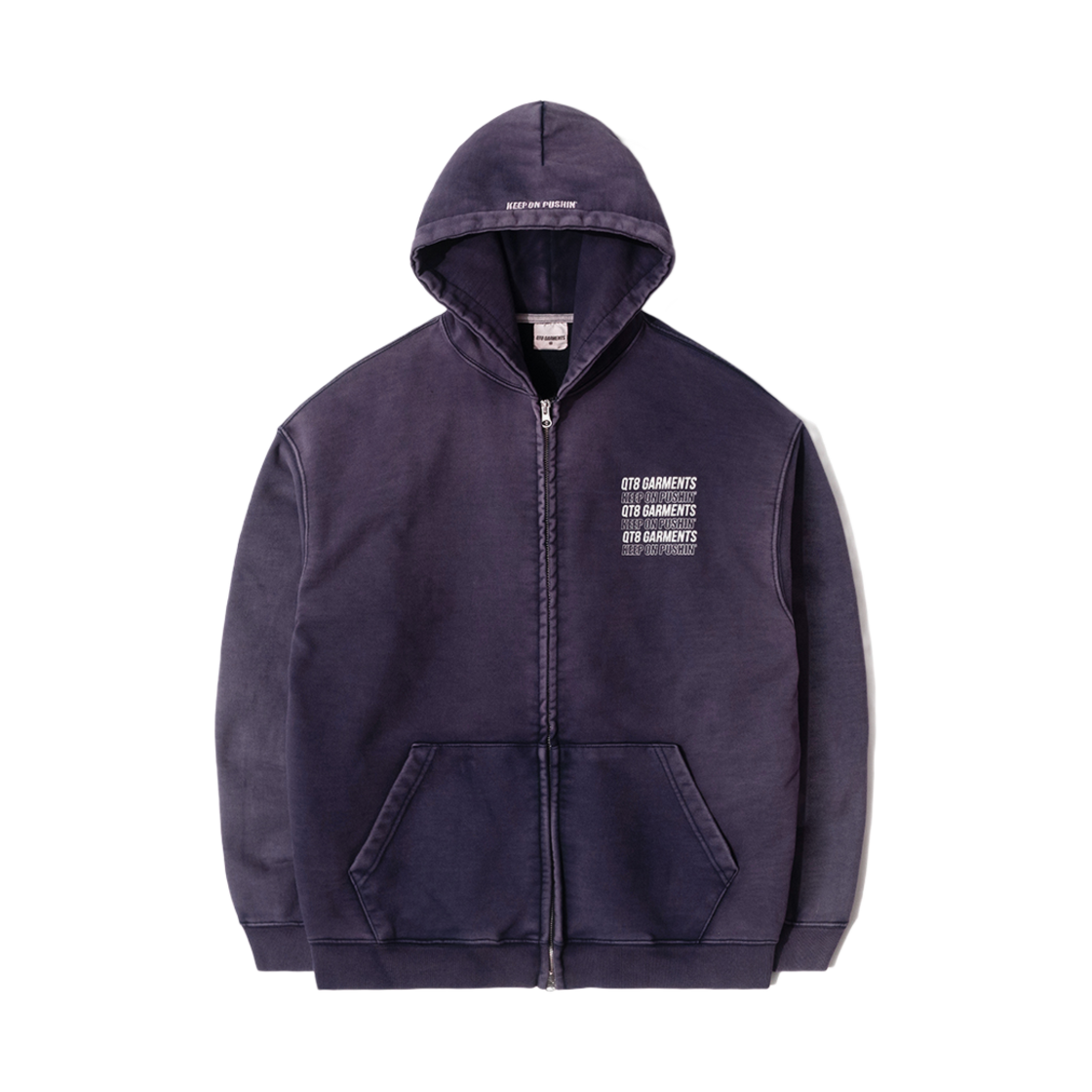 큐티에잇 가먼츠 슬로건 워시드 집업 후디 네이비