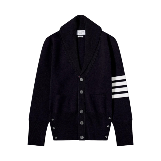 Thom Browne Milano Stitch Merino Wool 4-Bar Shawl Collar Cardigan Navy