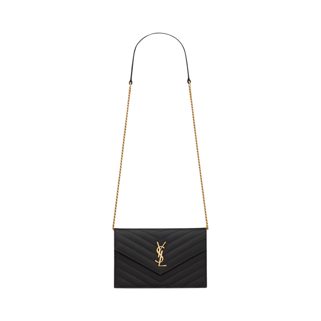 742920-BOW01-1000 Saint Laurent Cassandre Matelasse Envelope Chain Wallet in Grain De Poudre Embossed Leather Black
