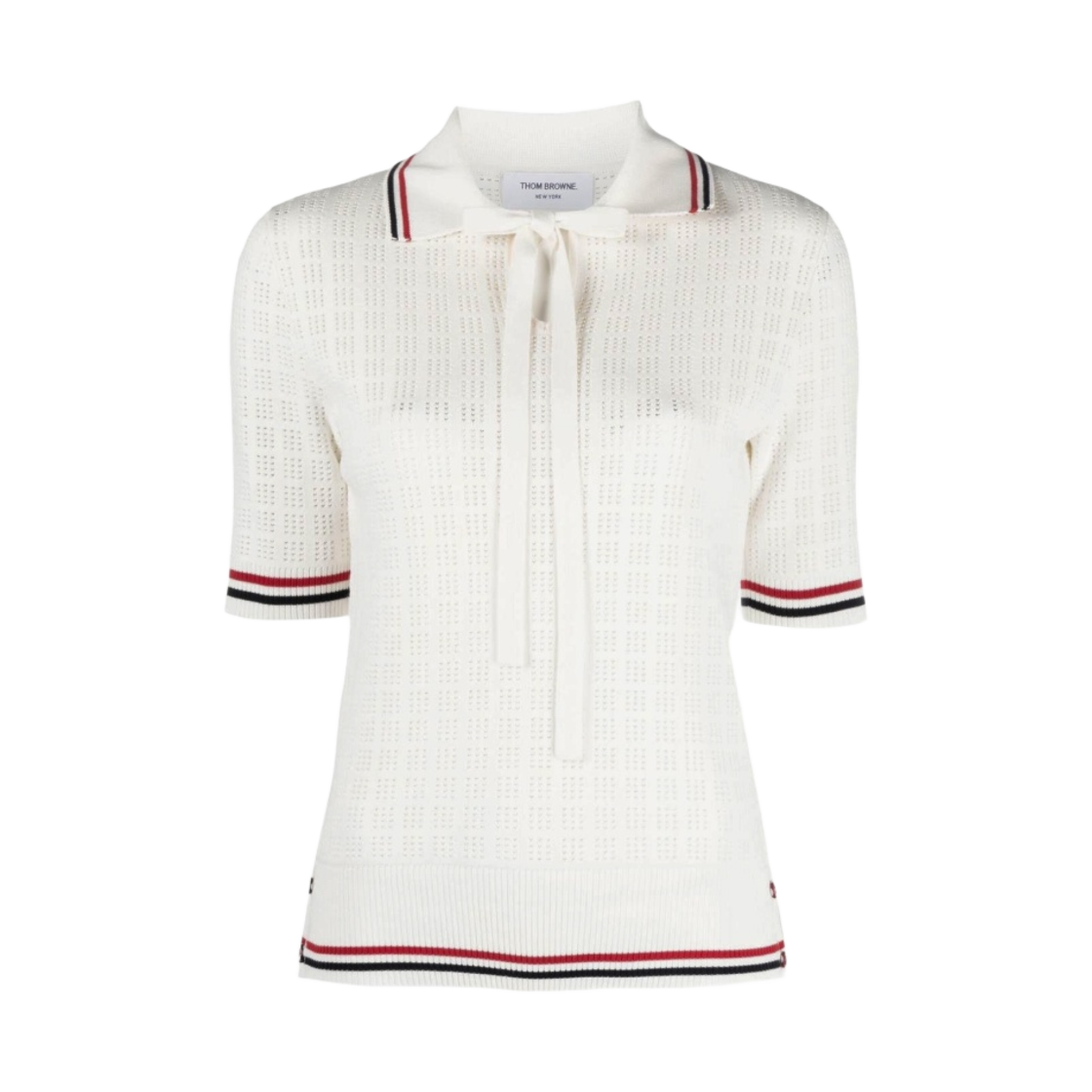 (W) 톰브라운 그리드 스티치 포인텔 스트라이프 키홀 폴로 화이트((W) Thom Browne Grid Stitch Pointelle Stripe Keyhole Polo White) - 1