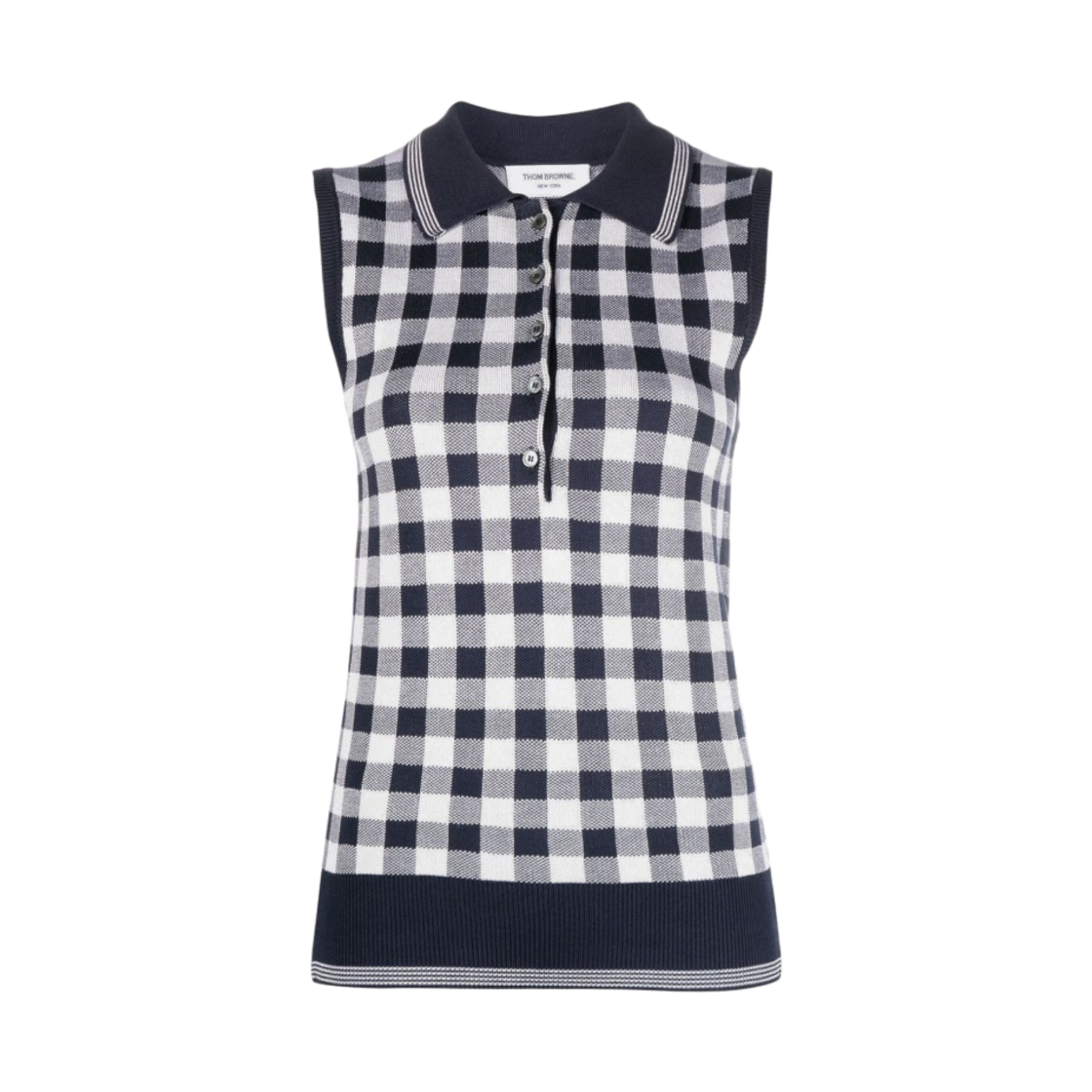 FKP091A-Y4002-415 (W) Thom Browne Gingham Silk Jacquard 4-Bar Polo Shell Top Navy