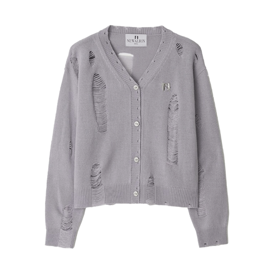 뉴얼린 뉴얼린 엠블럼 빈티지 가디건 퍼플 그레이(Newalrin Bloom emblem demage Knit Cardigan Purple Gray)
