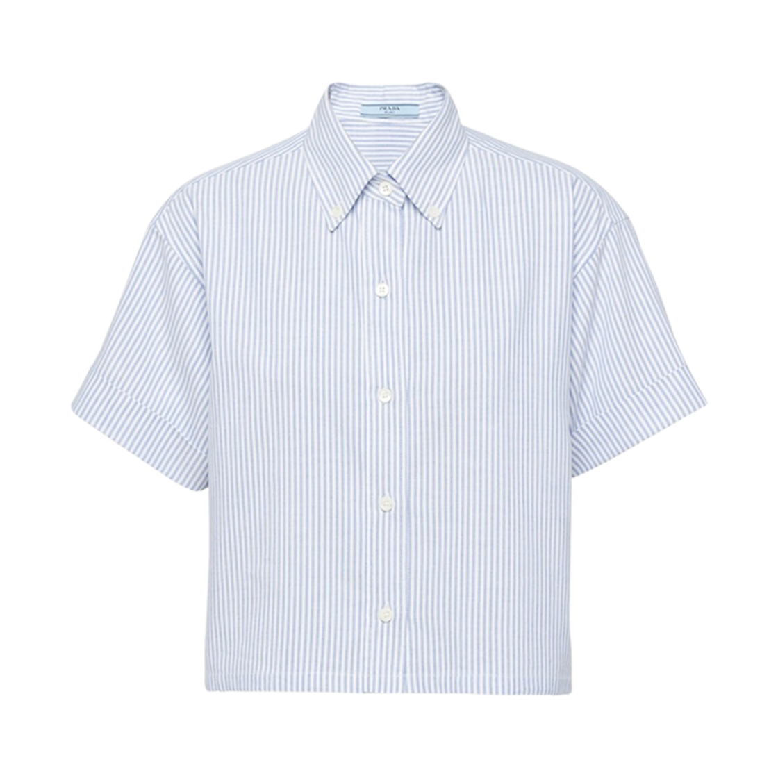 (W) 프라다 숏슬리브 옥스포드 코튼 셔츠 화이트 브라이트 블루((W) Prada Short-Sleeved Oxford Cotton Shirt White Bright Blue) - 1