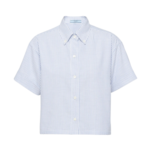 (W) Prada Short-Sleeved Oxford Cotton Shirt White Bright Blue