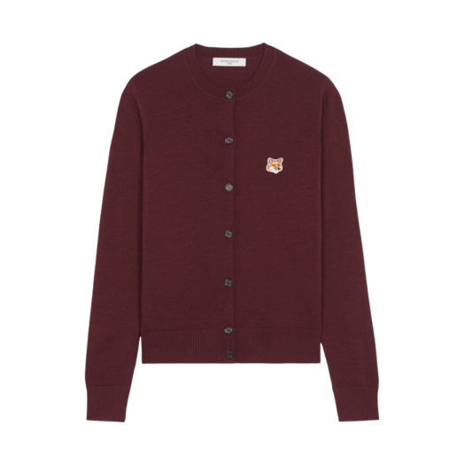 (W) Maison Kitsune Fox Head Patch Adjusted R-Neck Cardigan Wine Lees - 22FW