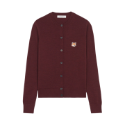 (W) Maison Kitsune Fox Head Patch Adjusted R-Neck Cardigan Wine Lees - 22FW