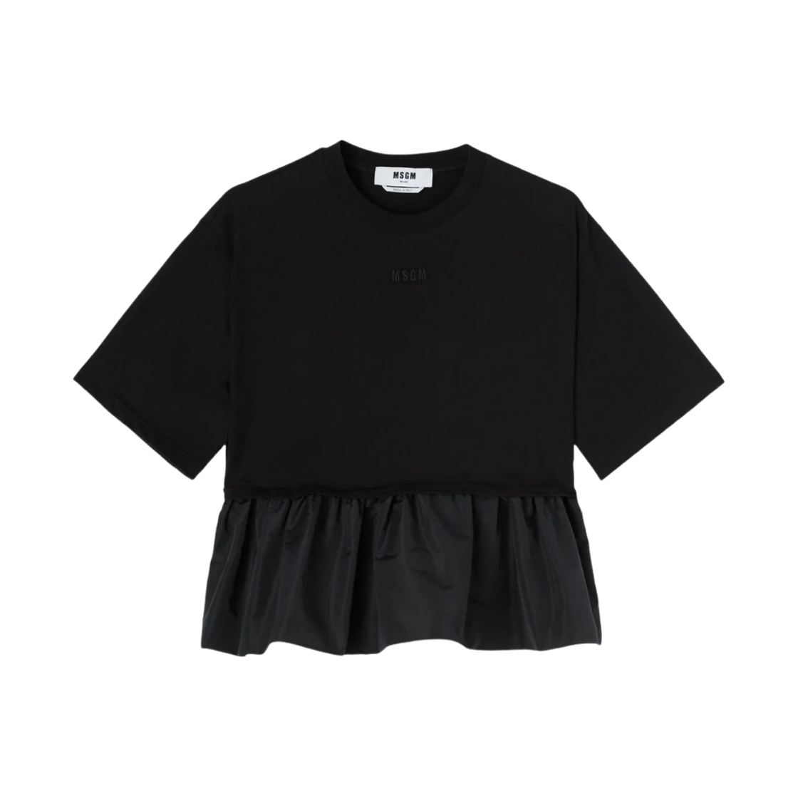 (W) 엠에스지엠 태피터 플라운스 코튼 크루넥 티셔츠 블랙((W) MSGM Cotton Crewneck T-Shirt with Taffeta Flounce Black) - 1
