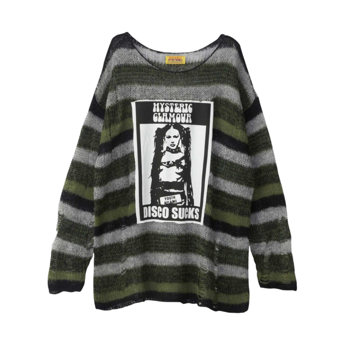 (W) 히스테릭 글래머 디스코 썩스 크래쉬 오버사이즈 스웨터 그린((W) Hysteric Glamour Disco Sucks Crash Oversized Sweater Green) - 1