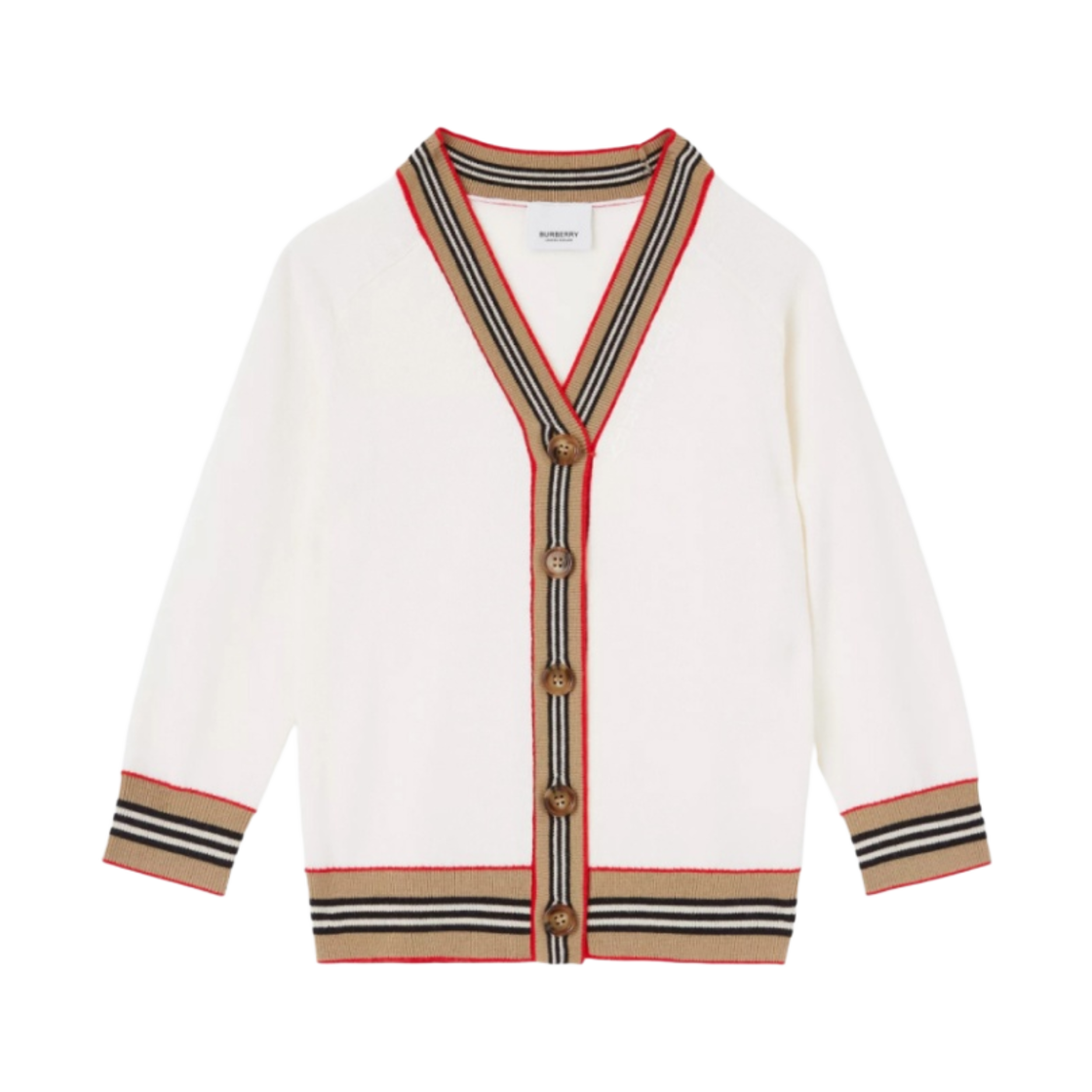 (키즈) 버버리 아이콘 스트라이프 트림 울 가디건 아이보리((Kids) Burberry Icon Stripe Trim Wool Cardigan Ivory) - 1