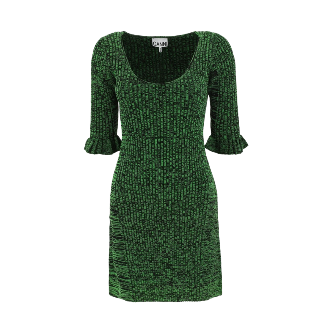 (W) 가니 플라운스 슬리브 립 니트 미니 드레스 켈리 그린((W) Ganni Flounce Sleeved Ribbed Knit Mini Dress Kelly Green) - 1