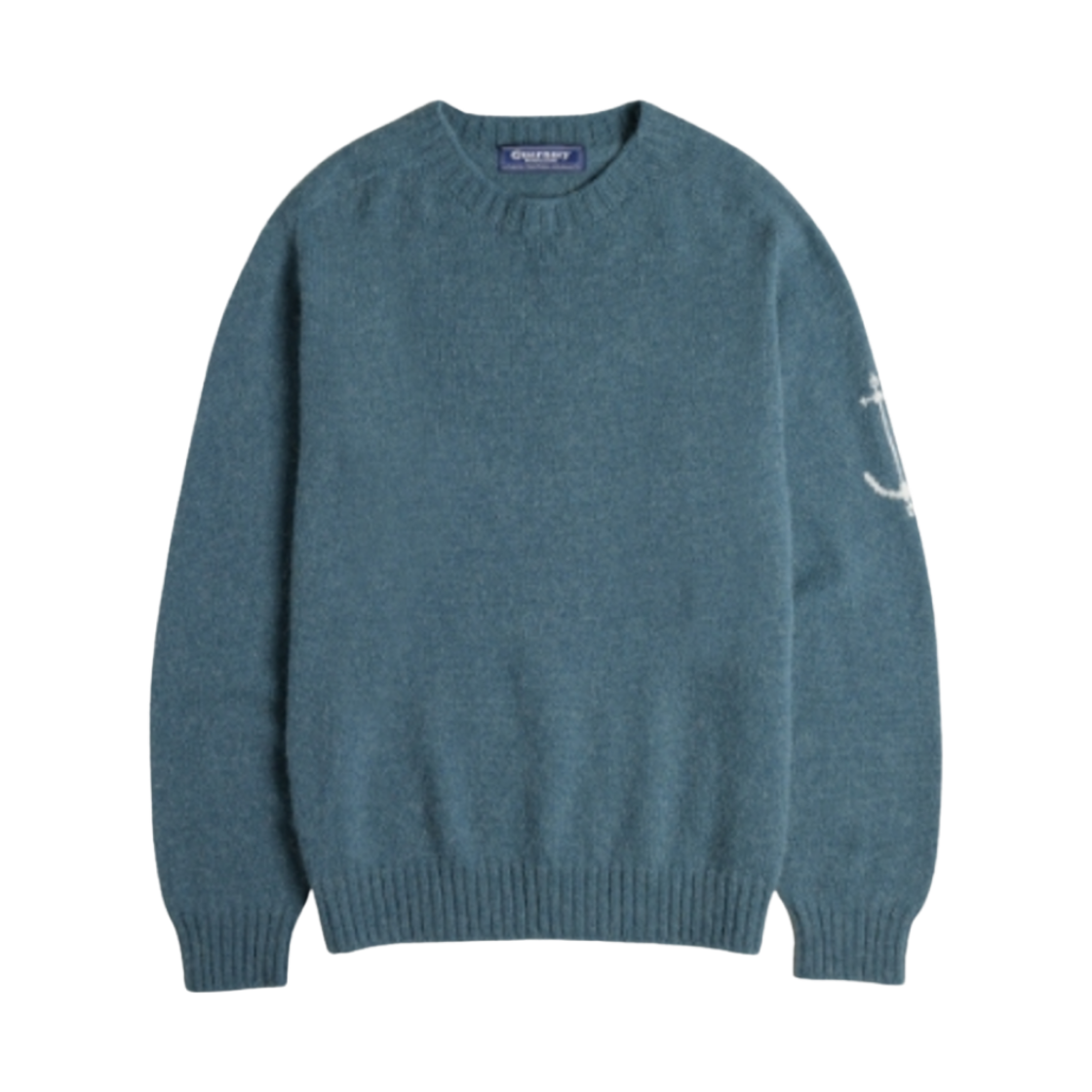 - Guernsey Woollens Alpaca Wholegarment Crewneck Saddle Sweater Blue Green