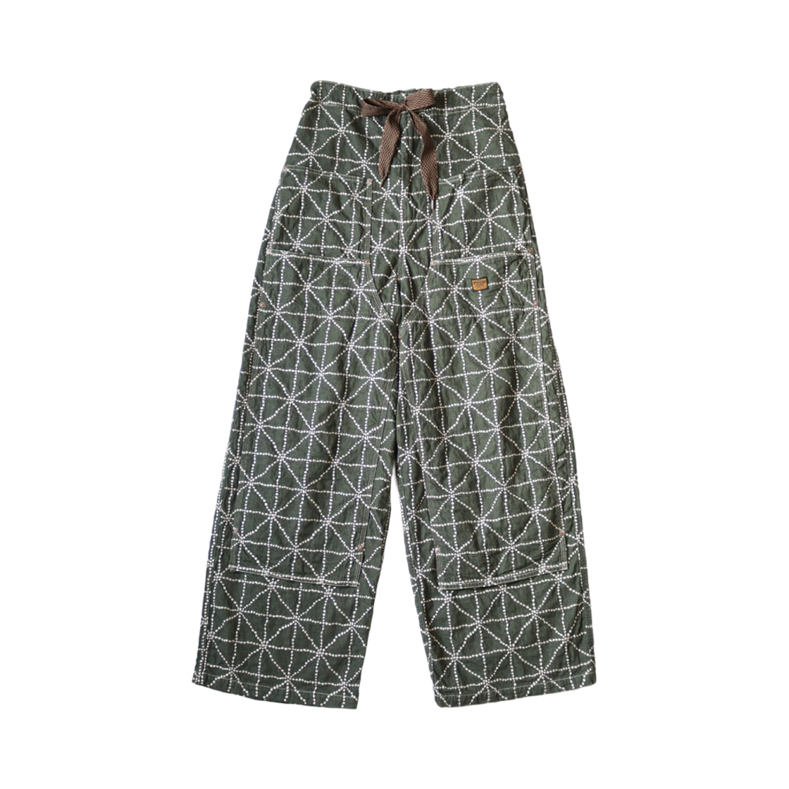 K2403LP046 Kapital 8 oz. Color Denim Folk Dojo Embroidery W Knee Easy Baggy Pants Green
