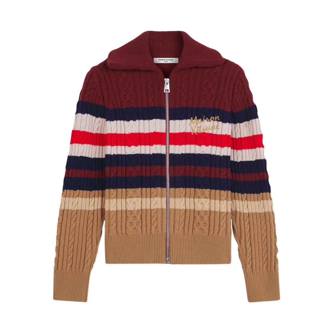 (W) 메종 키츠네 스트라이프 케이블 집 가디건 체리우드 캐모마일((W) Maison Kitsune Striped Cable Zipped Cardigan Cherrywood Chamomile) - 1