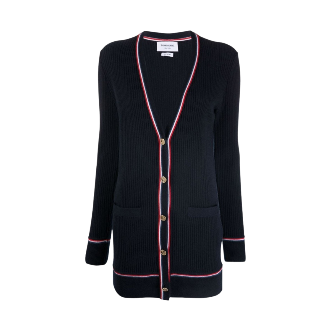 FJT194A-07541-415 (W) Thom Browne 2X2 Ribbed Cashmere Stripe Tipping Hip Length V-Neck Navy