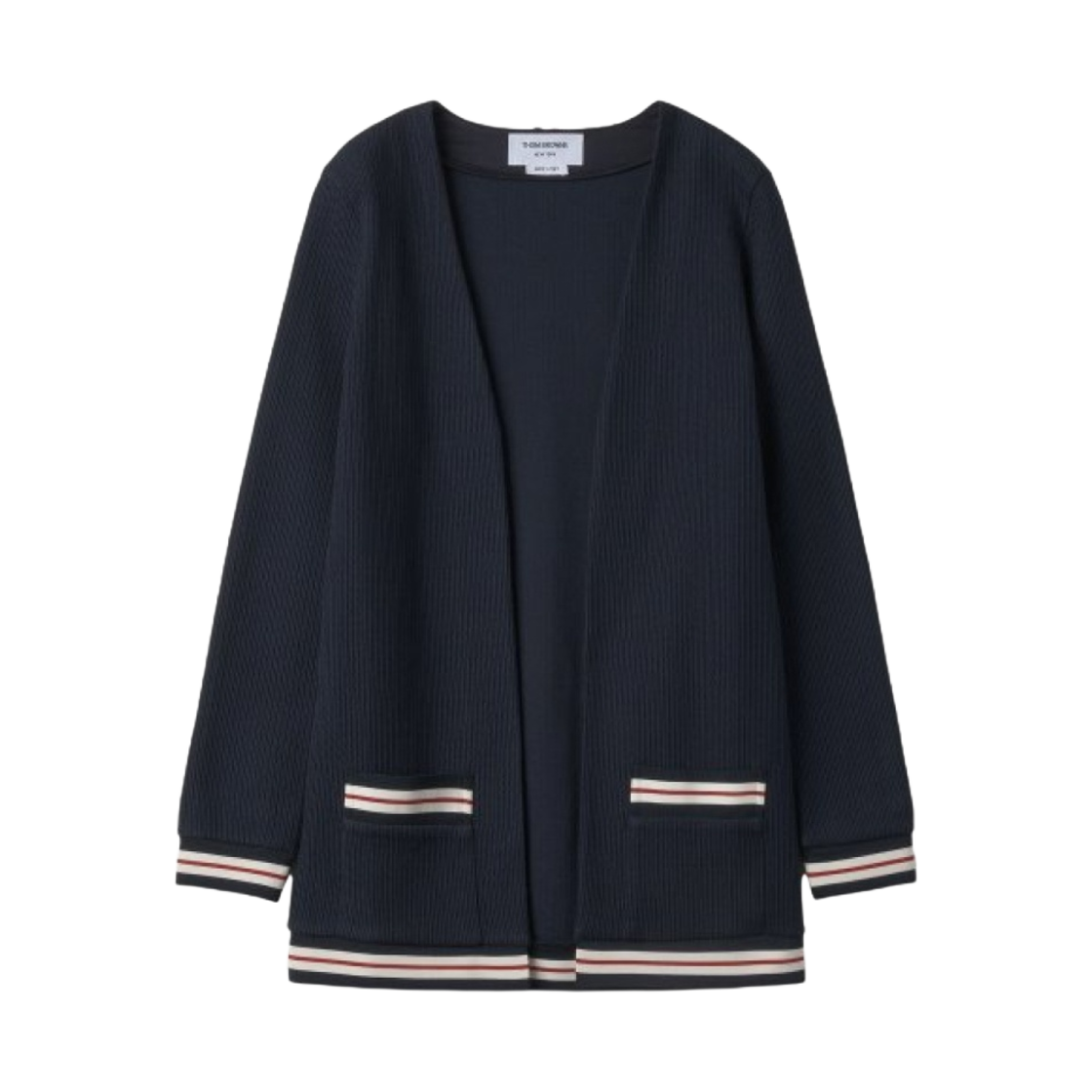 FJT265A-J0068-415 (W) Thom Browne Lightweight Textured Cotton Cricket Stripe V-Neck Cardigan Blue