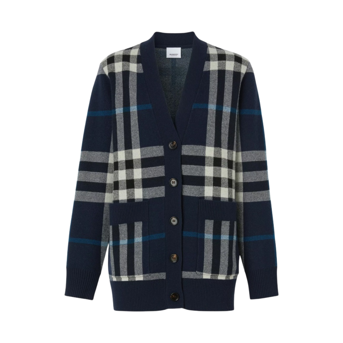 (W) 버버리 체크 울 캐시미어 자카드 오버사이즈 가디건 다크 차콜 블루((W) Burberry Check Wool Cashmere Jacquard Oversized Cardigan Dark Charcoal Blue) - 1
