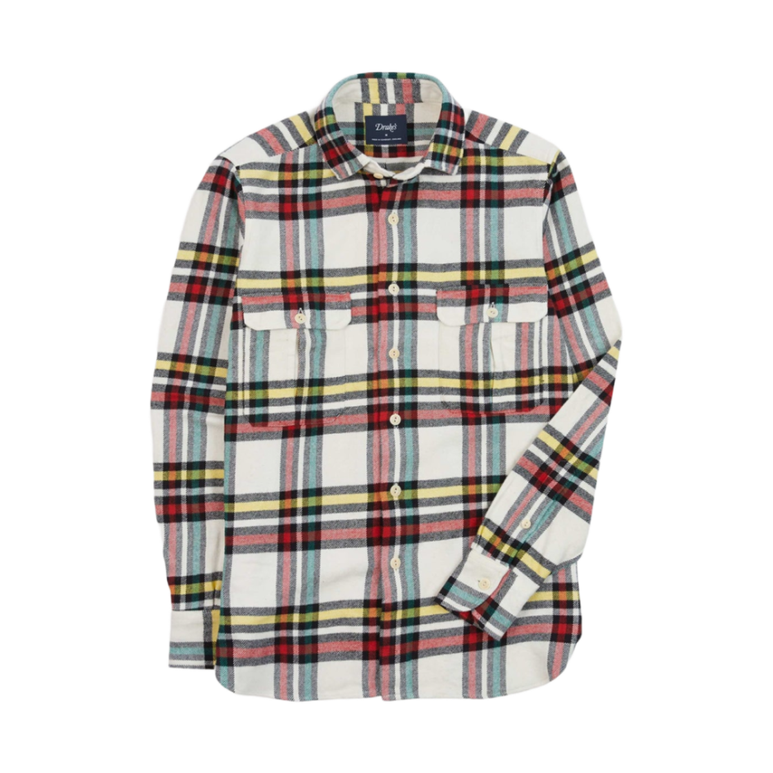 DR2A4D-24575-01-053 Drake's White Check Brushed Cotton Two Pocket Work Shirt White
