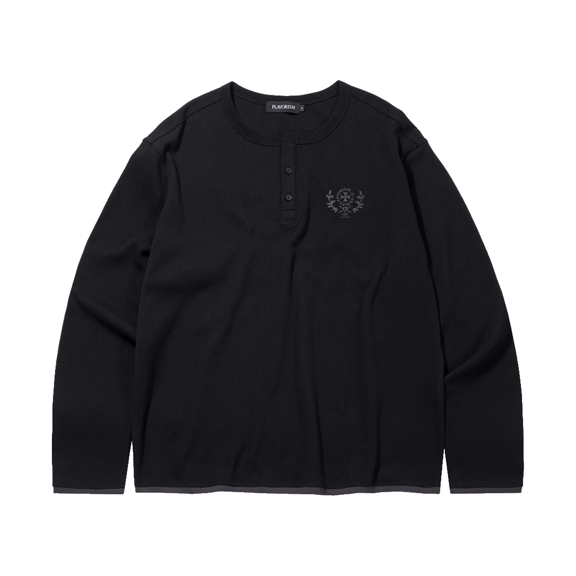 플레이버리즘 레이어드 헨리넥 와플 니트 블랙(Flavorism Layered Henley Neck Waffle Knit Black)