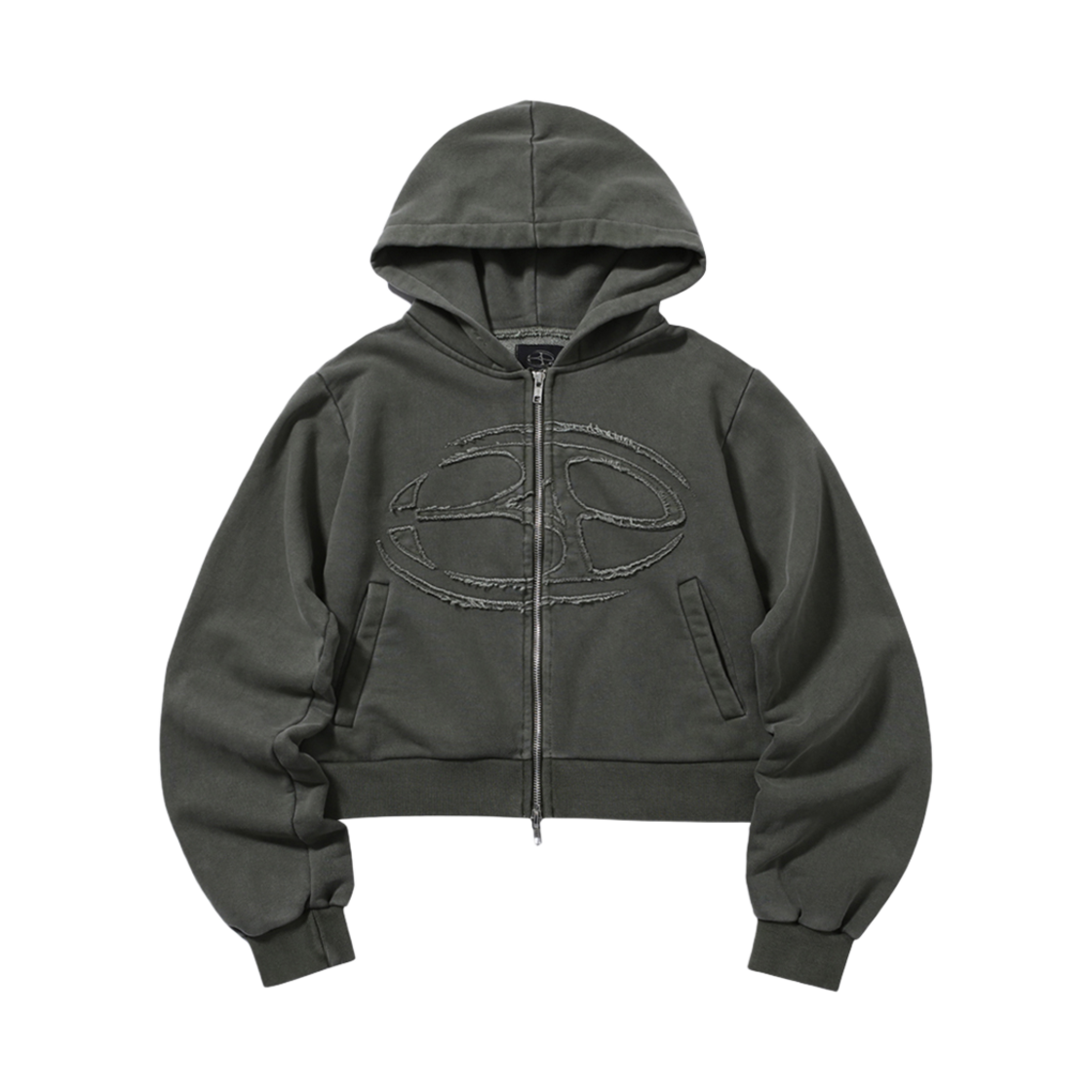 비피투디스오더 어드밴스트 피그먼트 심볼 로고 크롭 후드집업 카키