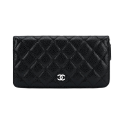 Chanel Classic Long Zipped Wallet Grained Calfskin & Silver Black