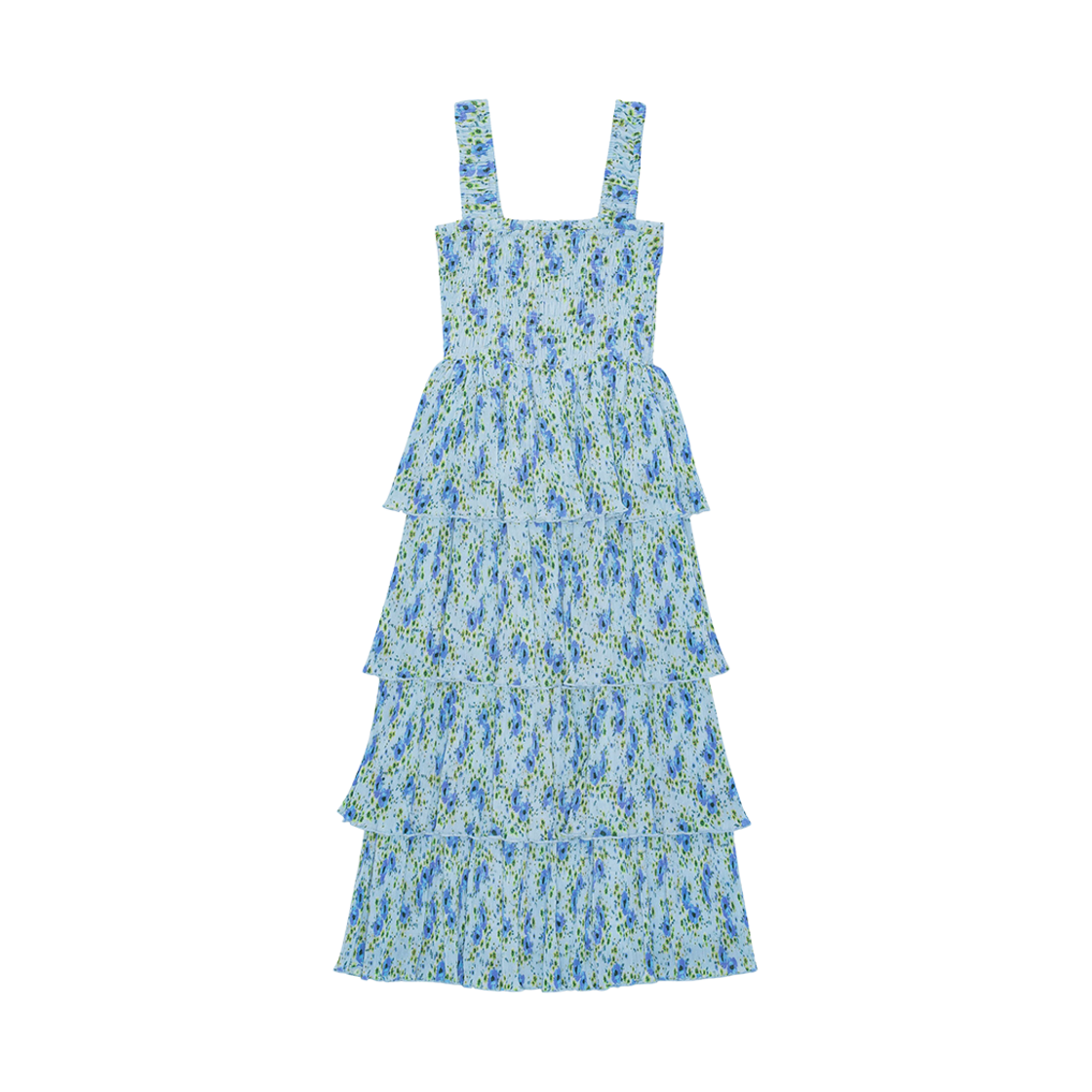 (W) 가니 플리츠 조지테 스모크 미디 드레스 아이스 워터((W) Ganni Pleated Georgette Smock Midi Dress Ice Water) - 1