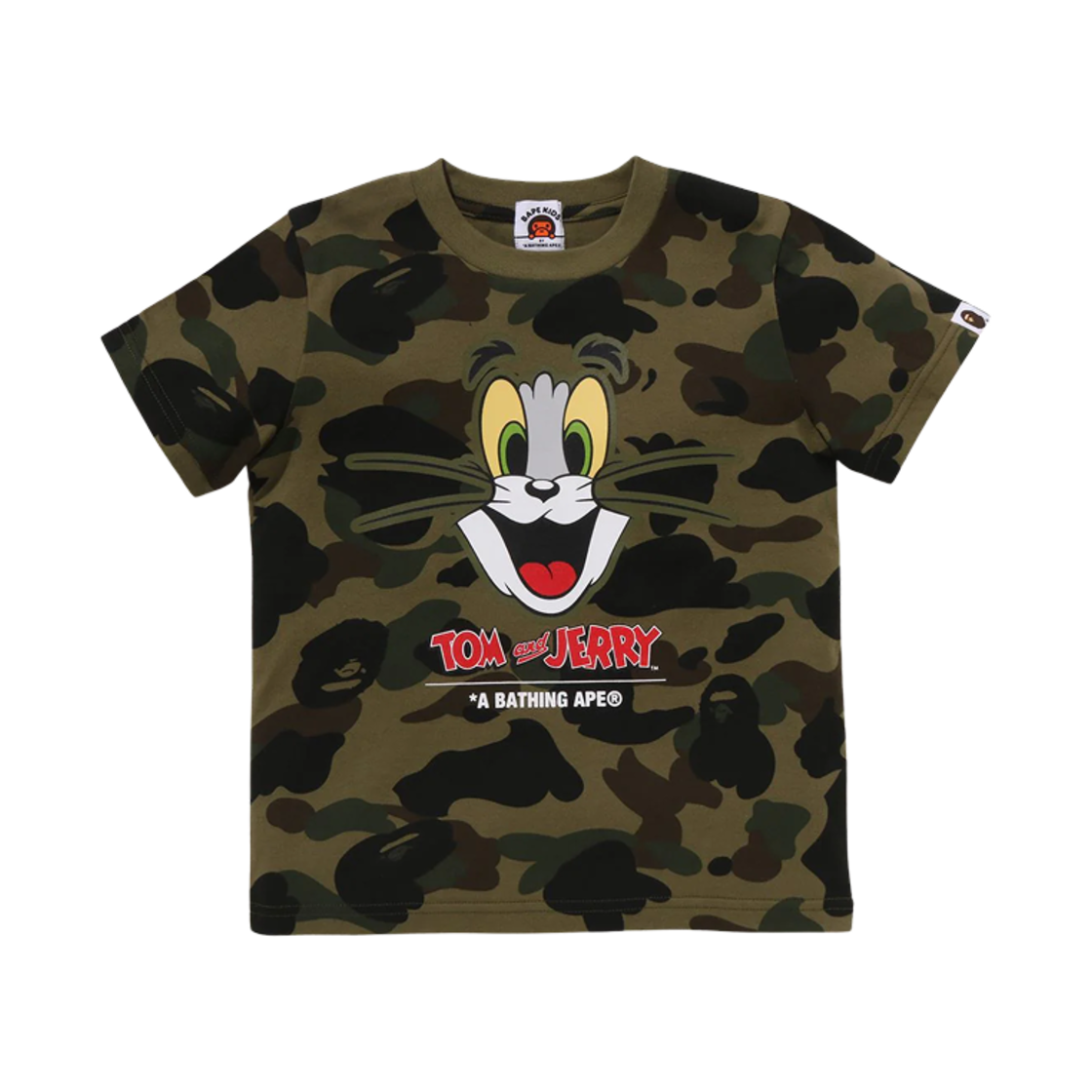 (키즈) 베이프 x 톰과 제리 85주년 퍼스트 카모 티셔츠 그린((Kids) BAPE x Tom & Jerry 85th Anniversary 1st Camo T-Shirt Green)
