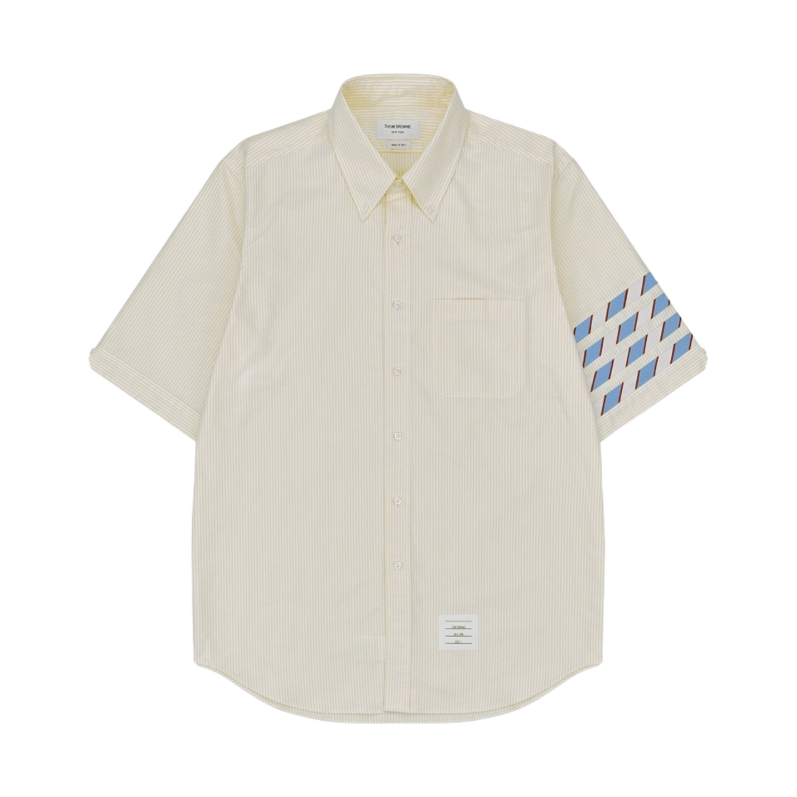 톰브라운 유니버시티 스트라이프 옥스포드 심드 사선 숏슬리브 셔츠 옐로우(Thom Browne University Stripe Oxford Seamed 4-Bar Short Sleeve Shirt Yellow) - 1