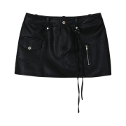 (W) Bohemian Seoul Low Cargo Leather Mini Skirt Black
