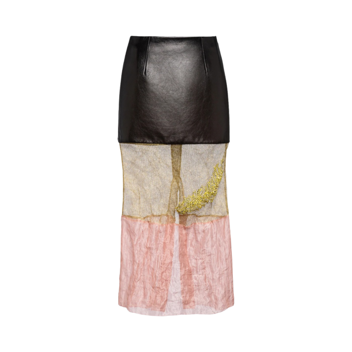 (W) 프라다 자수 메쉬 앤 레더 미디 스커트 브래스 커피((W) Prada Embroidered Mesh and Leather Midi-Skirt Brass Coffee) - 1